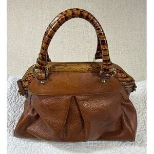 Brahmin Women Brown Embossed Zip Top Secure Leather Luxury Purse Satchel